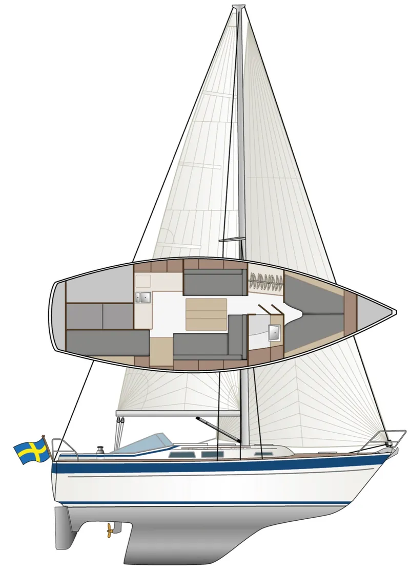 Risszeichnung und Decksplan der Hallberg-Rassy 312 MK2